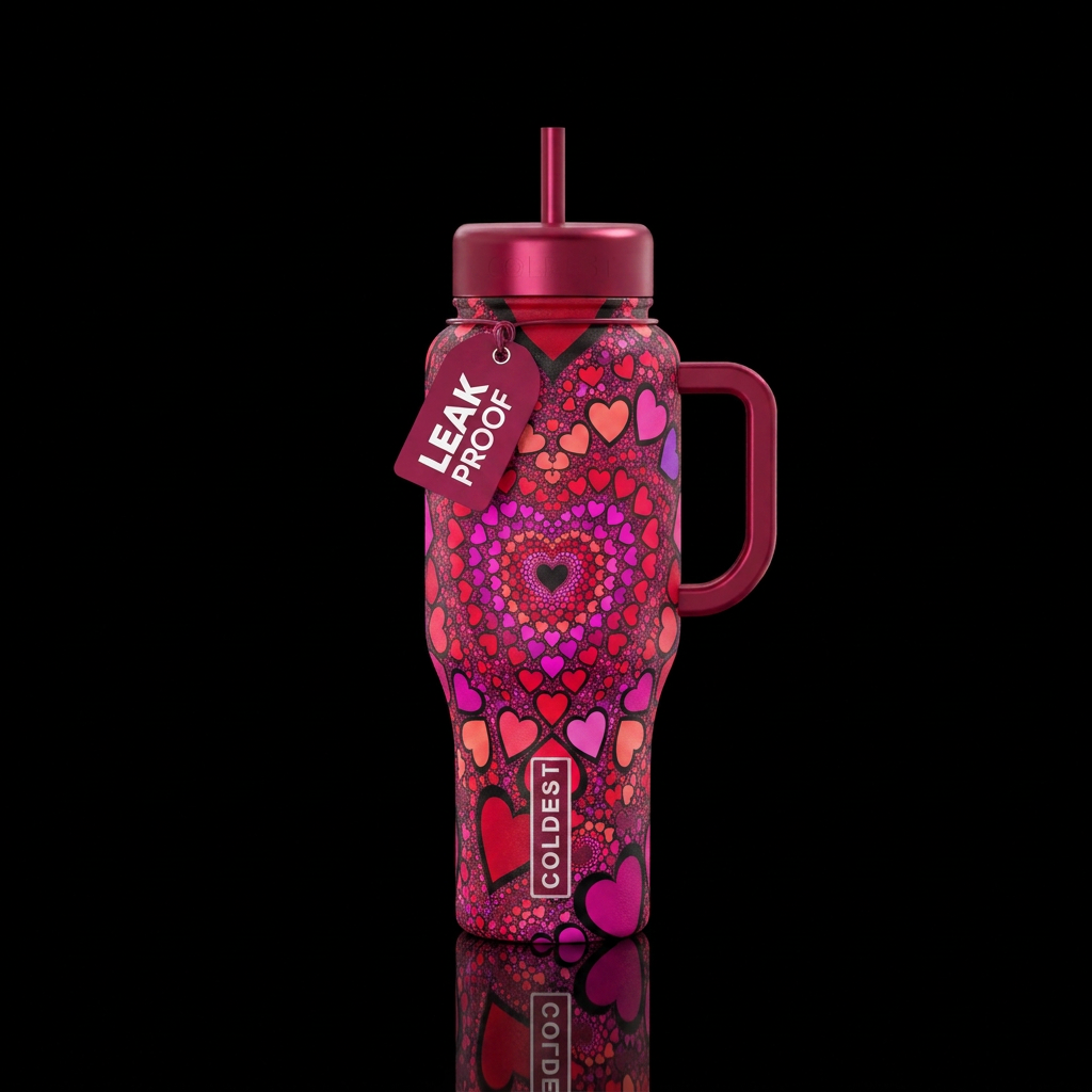 Valentine hearts designed in repeating fractal ima... water bottle design