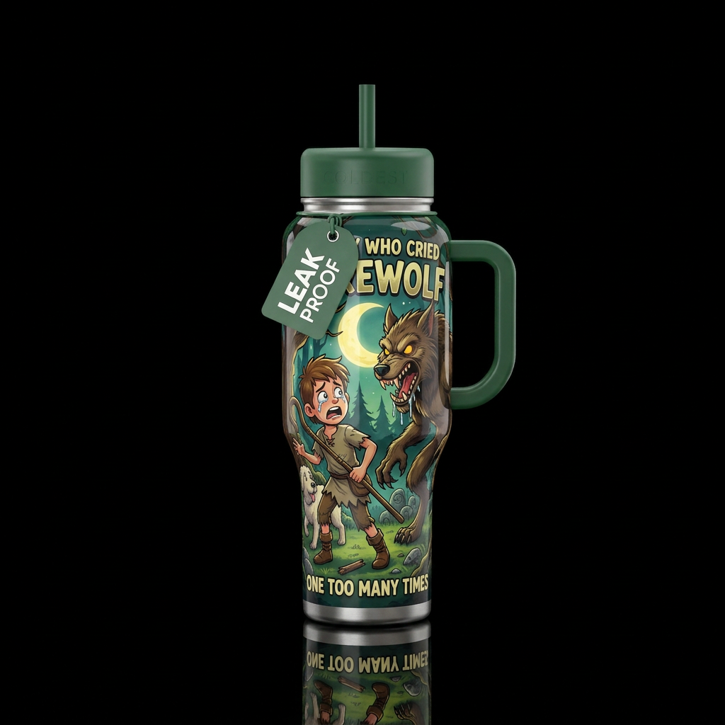 The boy who cried werewolf one too many times is n... water bottle design