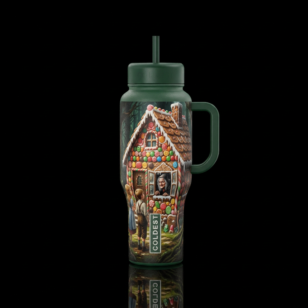 Hansel and gretal find a house made from cake and ... water bottle design