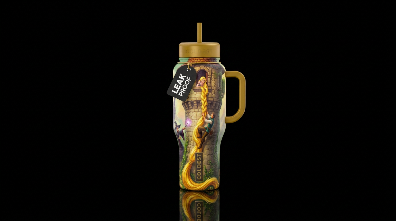 Rapunzel, cursed by a witch, kept prisoner in a mi... water bottle design
