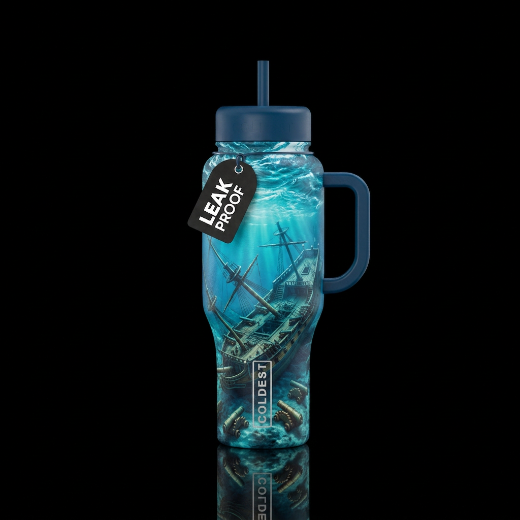 Sunken ship in a bottle. The masts have fallen, th... water bottle design