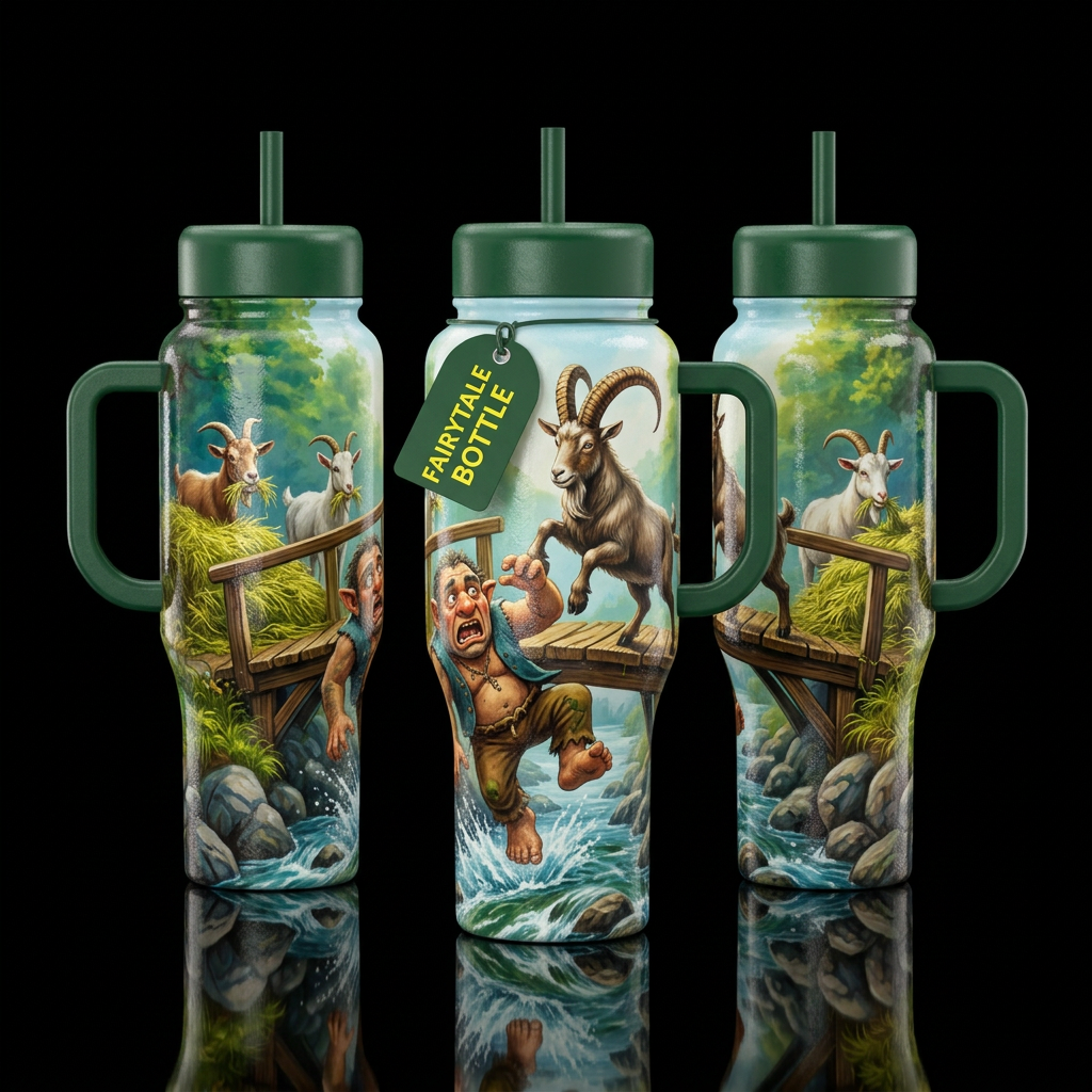 3 Billy goats gruff want to cross a bridge that a ... water bottle design