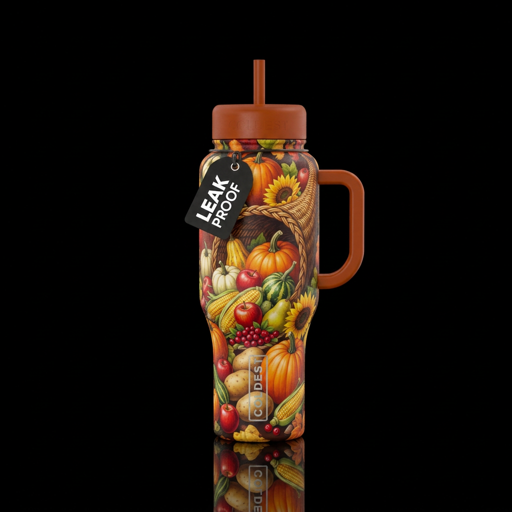 A cornucopia full of new world Thanksgiving plants... water bottle design