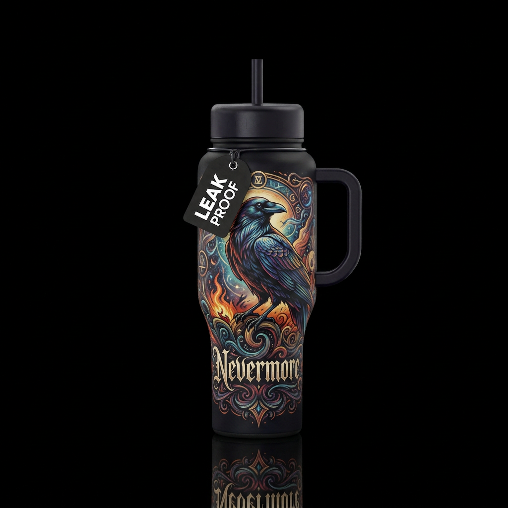 Quote the Raven, "Nevermore". Show in Gothic 19th ... water bottle design