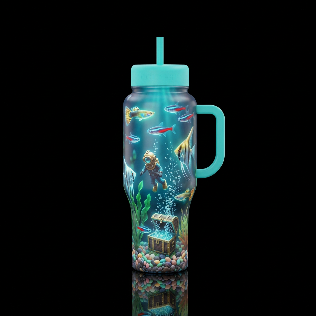 Glowie fishtank. Multiple common freshwater fish a... water bottle design