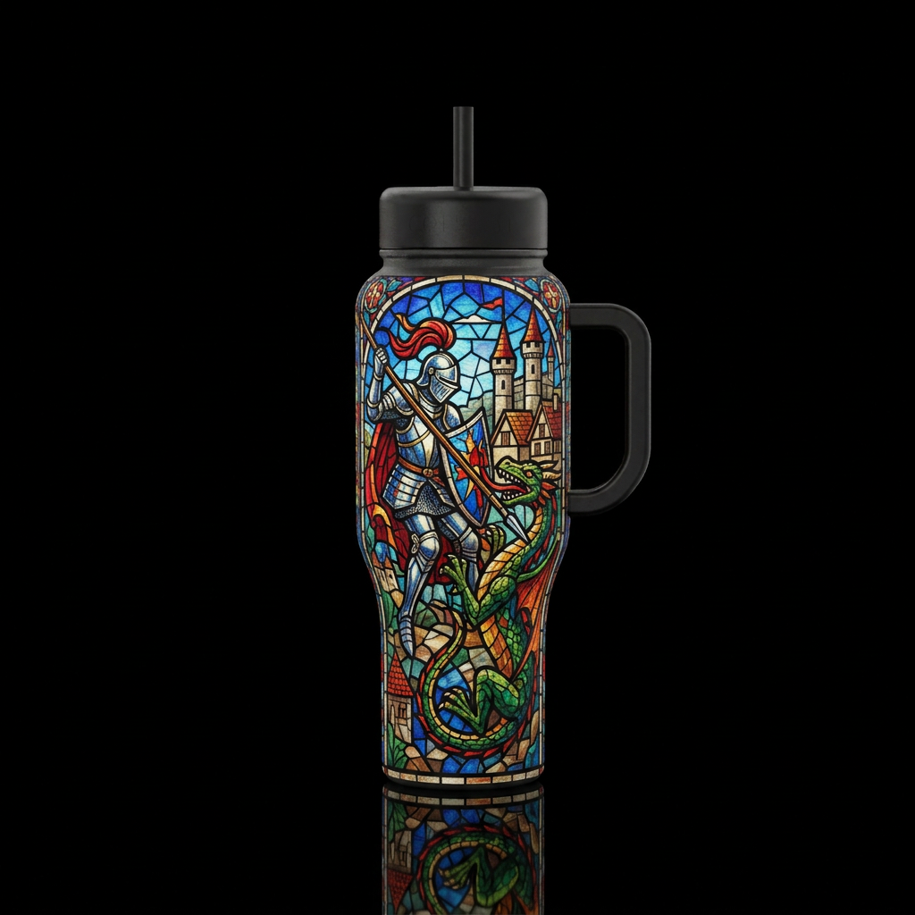 Mudevil Europe, stained glass scene, a noble night... water bottle design