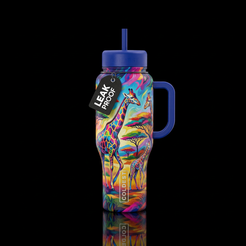 I want a giraffe design, a couple with a baby maki... water bottle design