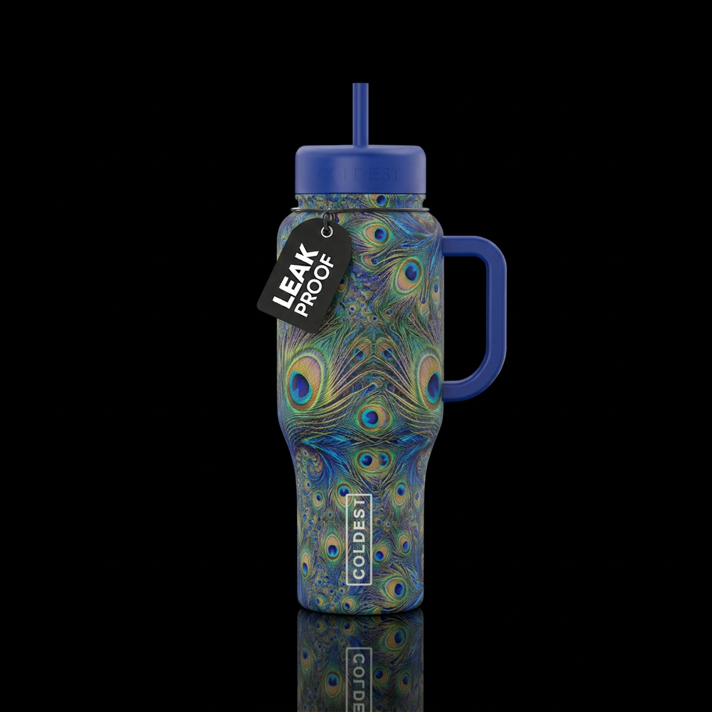 Peacock tail feathers in a repeating fractal water bottle design