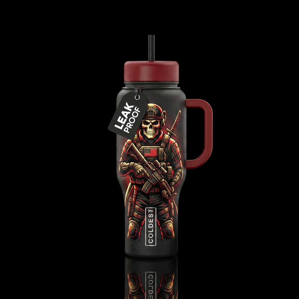 Glow in the dark skull warrior with sword and rifl... water bottle design