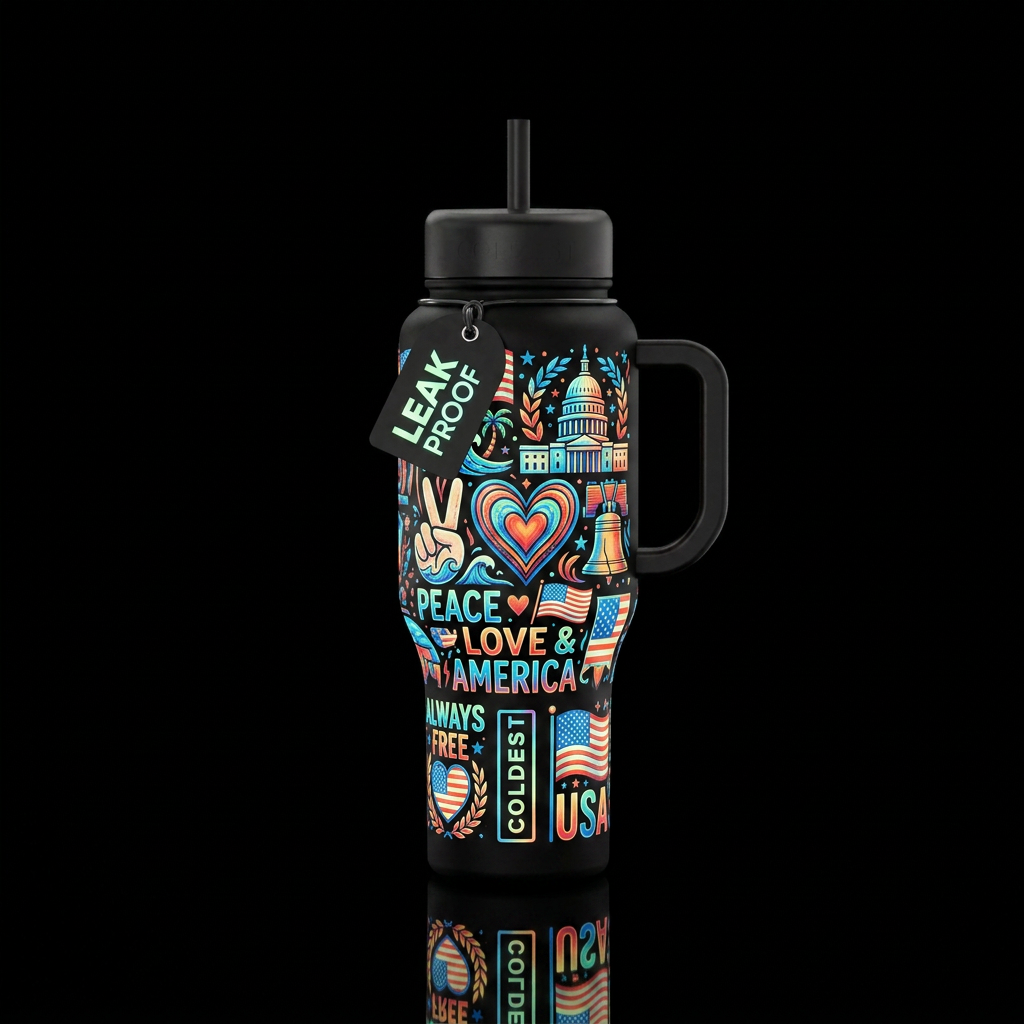 Peace love and America always free with glow in th... water bottle design