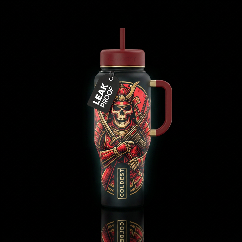 Glow in the dark skull warrior with sword and rifl... water bottle design