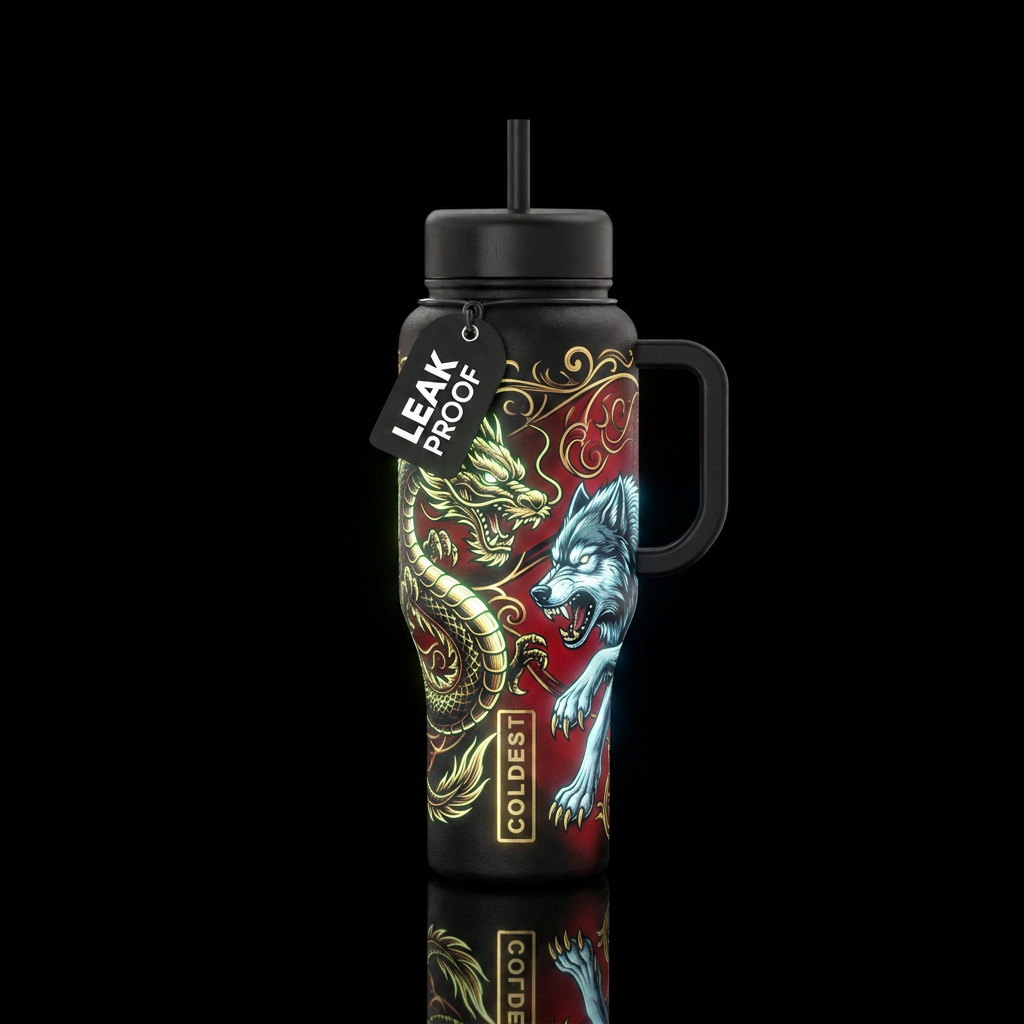 Black red with gold accents. American dragon and W... water bottle design