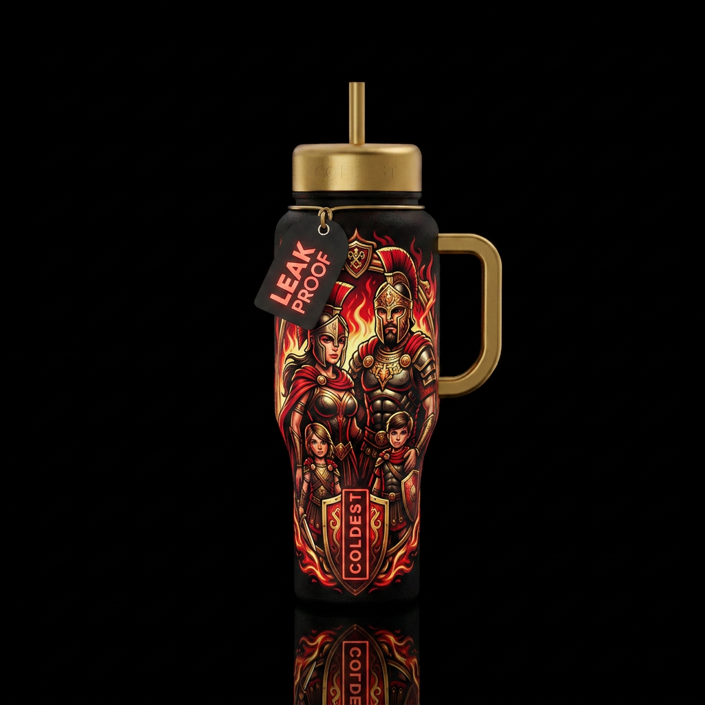 Warrior family with Mom Dad and children.Black red... water bottle design