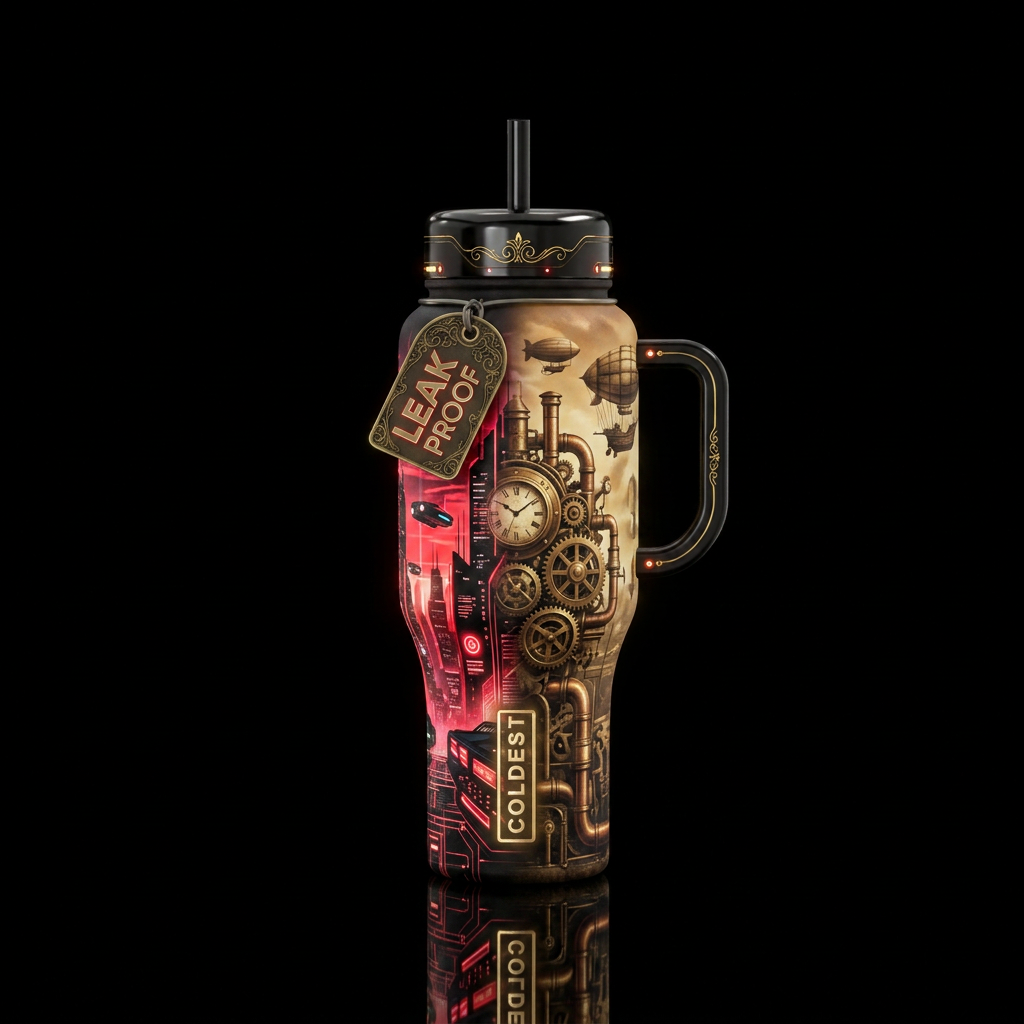 Steampunk days into cyberpunk nights. .Black red w... water bottle design