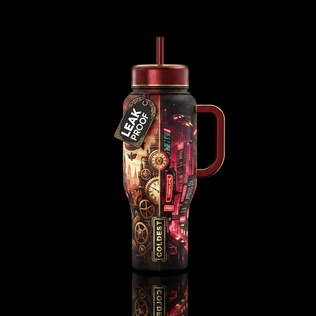 Steampunk days into cyberpunk nights. .Black red w... water bottle design