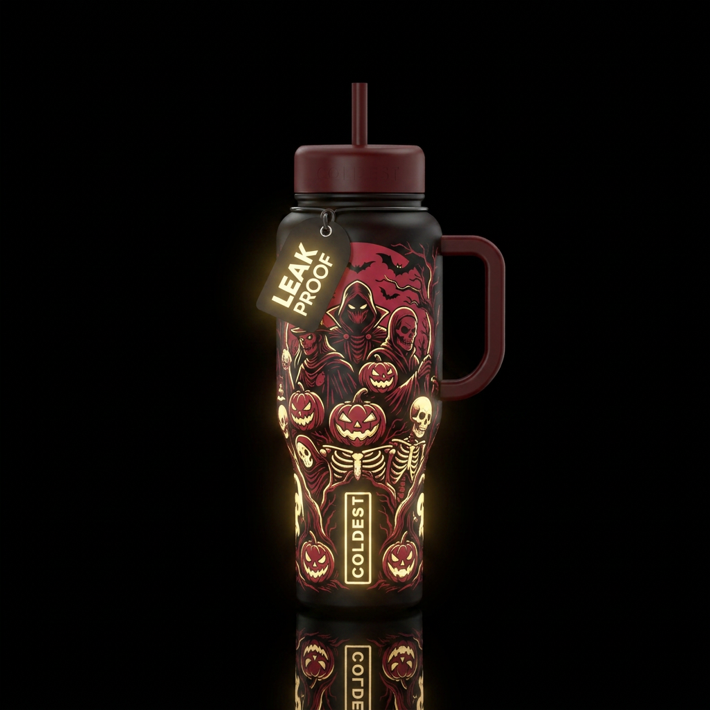Guardians of Halloween. .Black red with gold accen... water bottle design