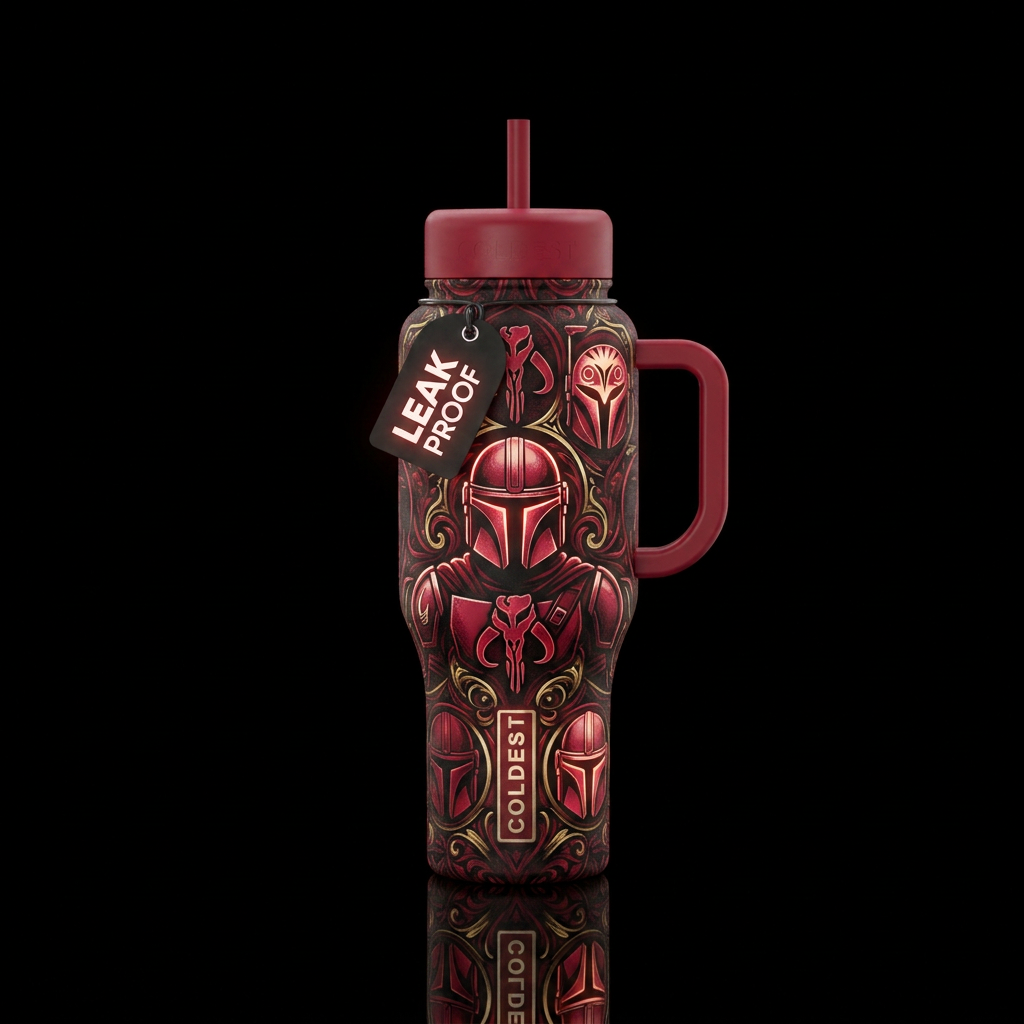 Mandalorian Family. Black and crimson, with gold a... water bottle design