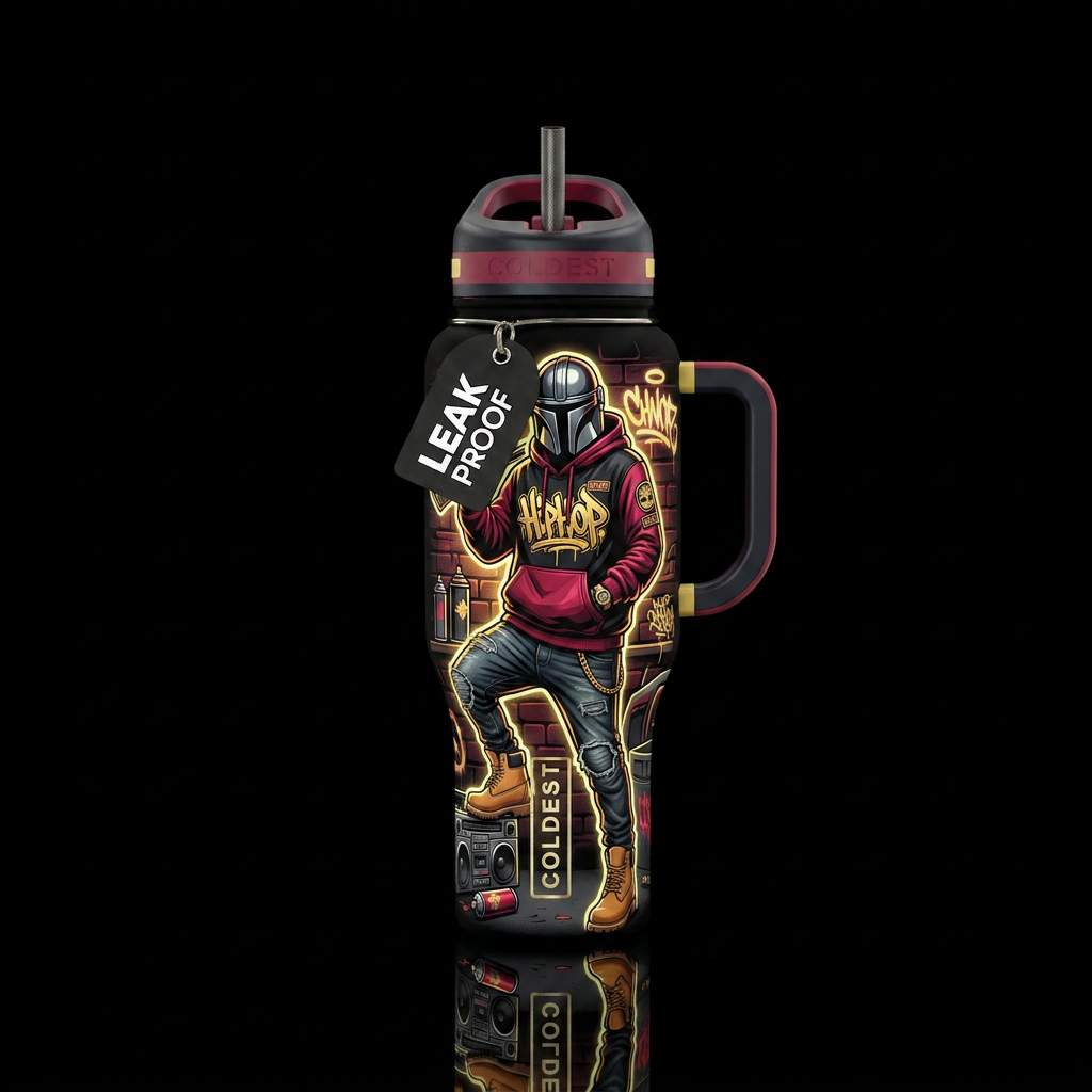 Hiphop Mandalorian with a hoodie, jeans, and timbe... water bottle design