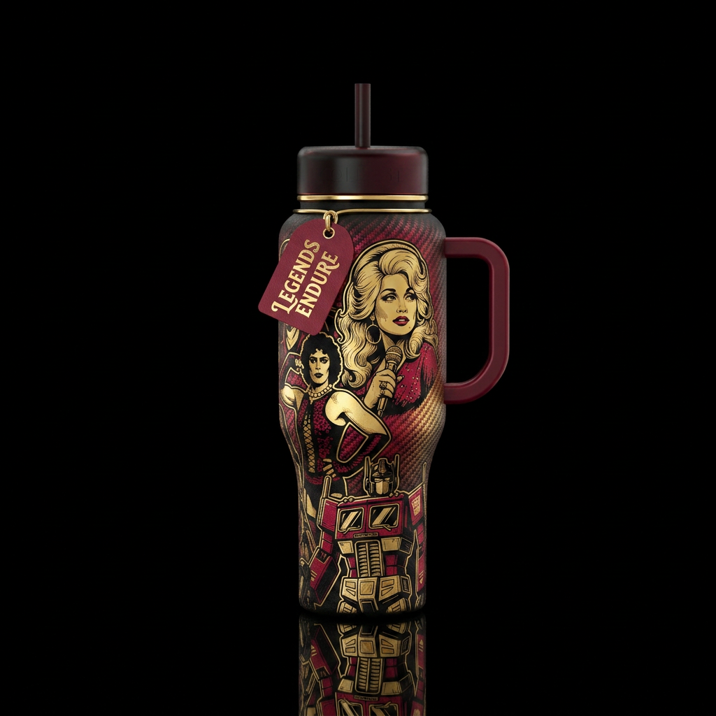Dolly Parton, Frank-N-Furter, and Optimus Prime fa... water bottle design