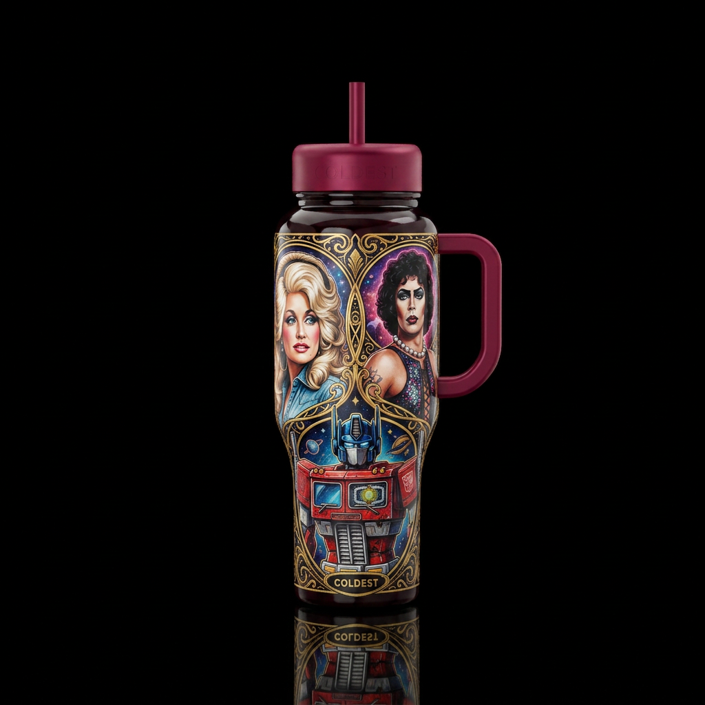 Dolly Parton, Frank-N-Furter, and Optimus Prime fa... water bottle design