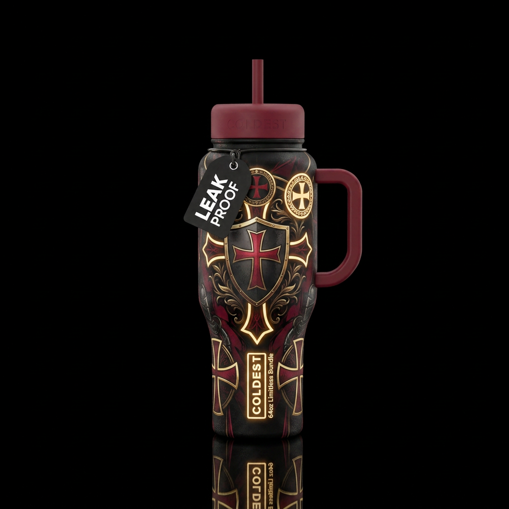 Modern Knights Templar. Black crimson with gold ac... water bottle design