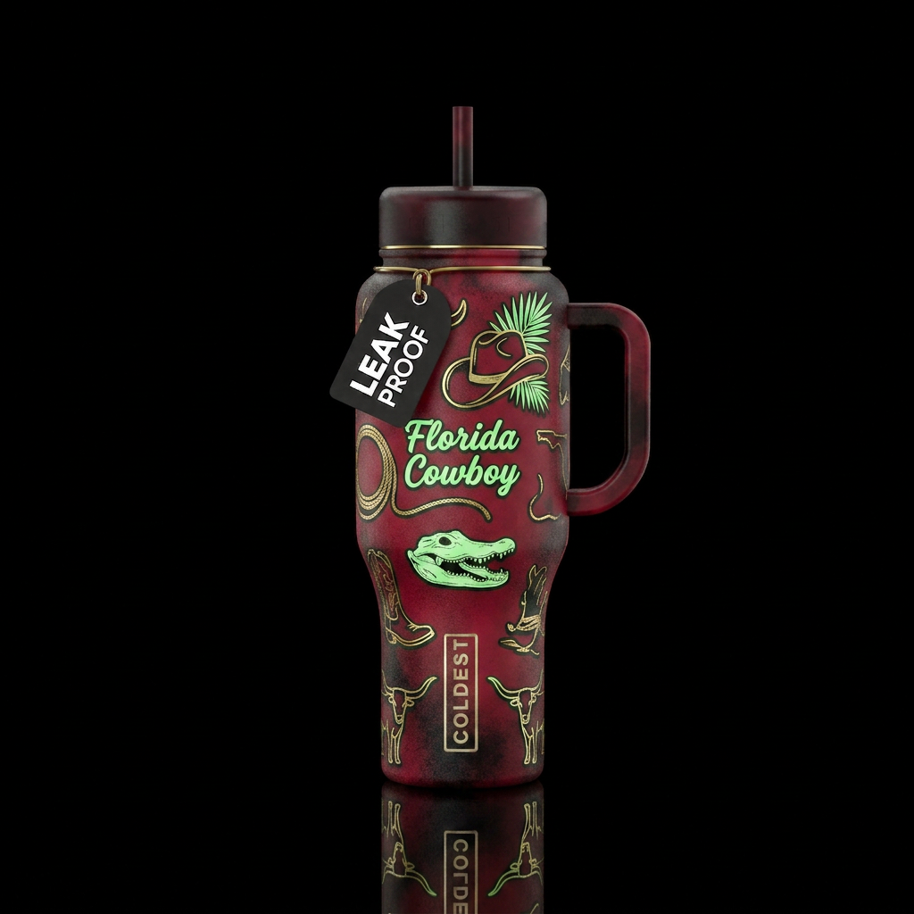 Florida Cowboy. Black crimson with gold accents gl... water bottle design