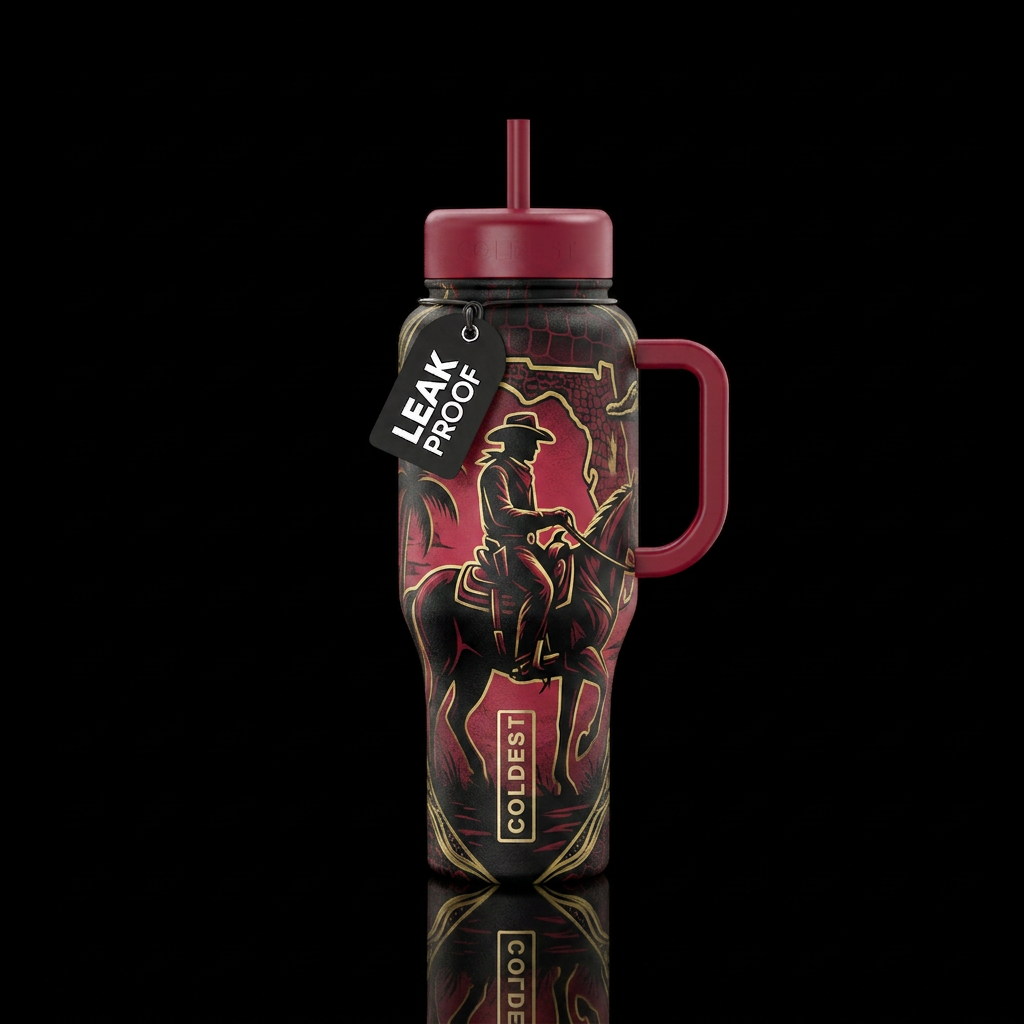 Florida Cowboy. Black crimson with gold accents gl... water bottle design