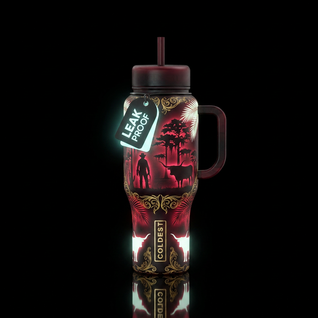 Florida Cowboy. Black crimson with gold accents gl... water bottle design
