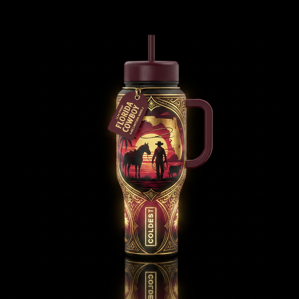 Florida Cowboy. Black crimson with gold accents gl... water bottle design
