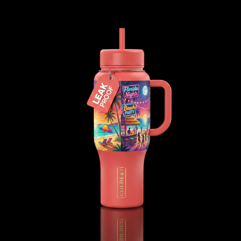 Florida beach days and party nights. water bottle design
