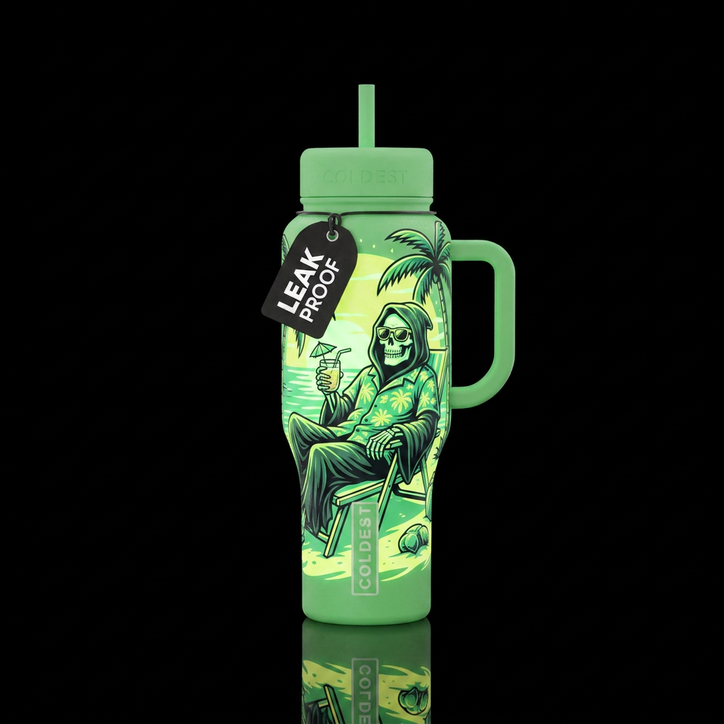 Grim reaper vacation in Florida glow in the dark. water bottle design