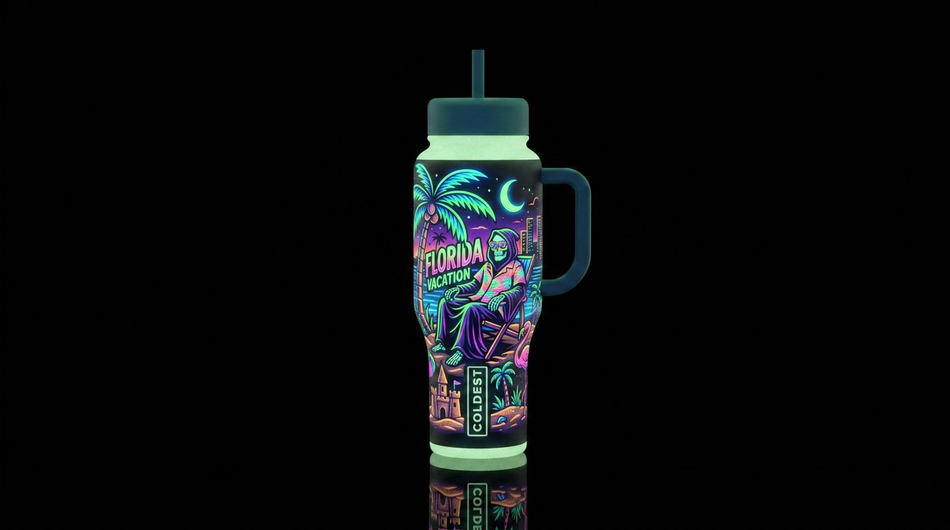 Grim reaper vacation in Florida glow in the dark. water bottle design