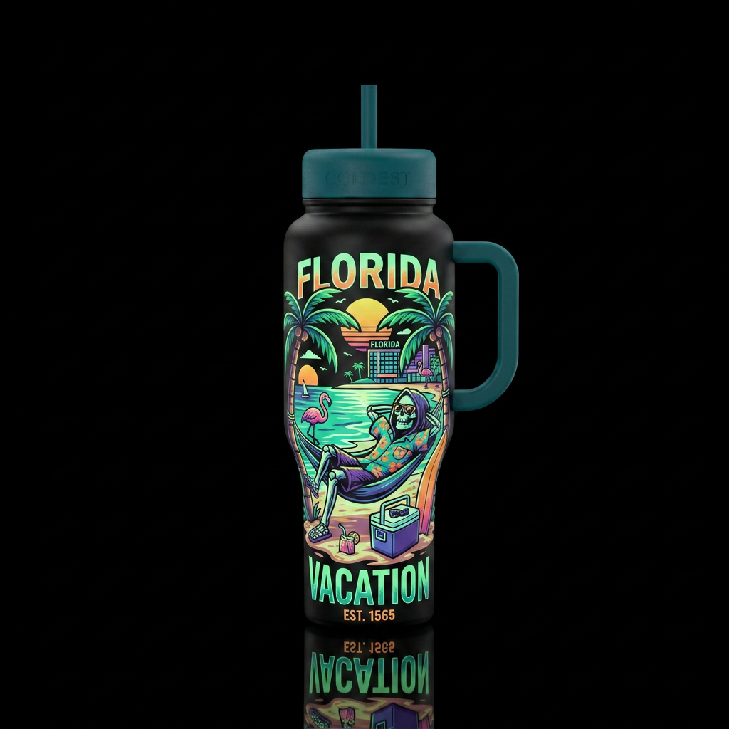 Grim reaper vacation in Florida glow in the dark. water bottle design