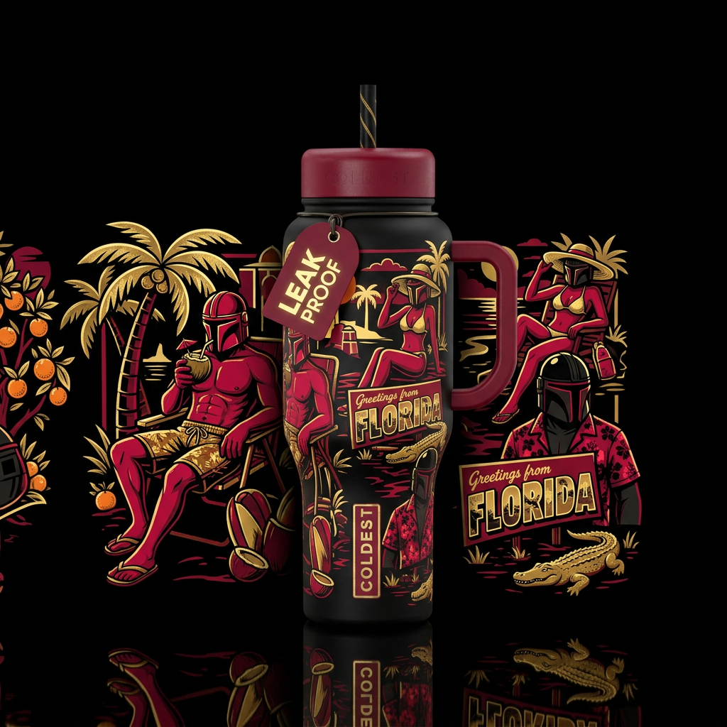 Mandalorians on vacation in Florida wearing helmet... water bottle design