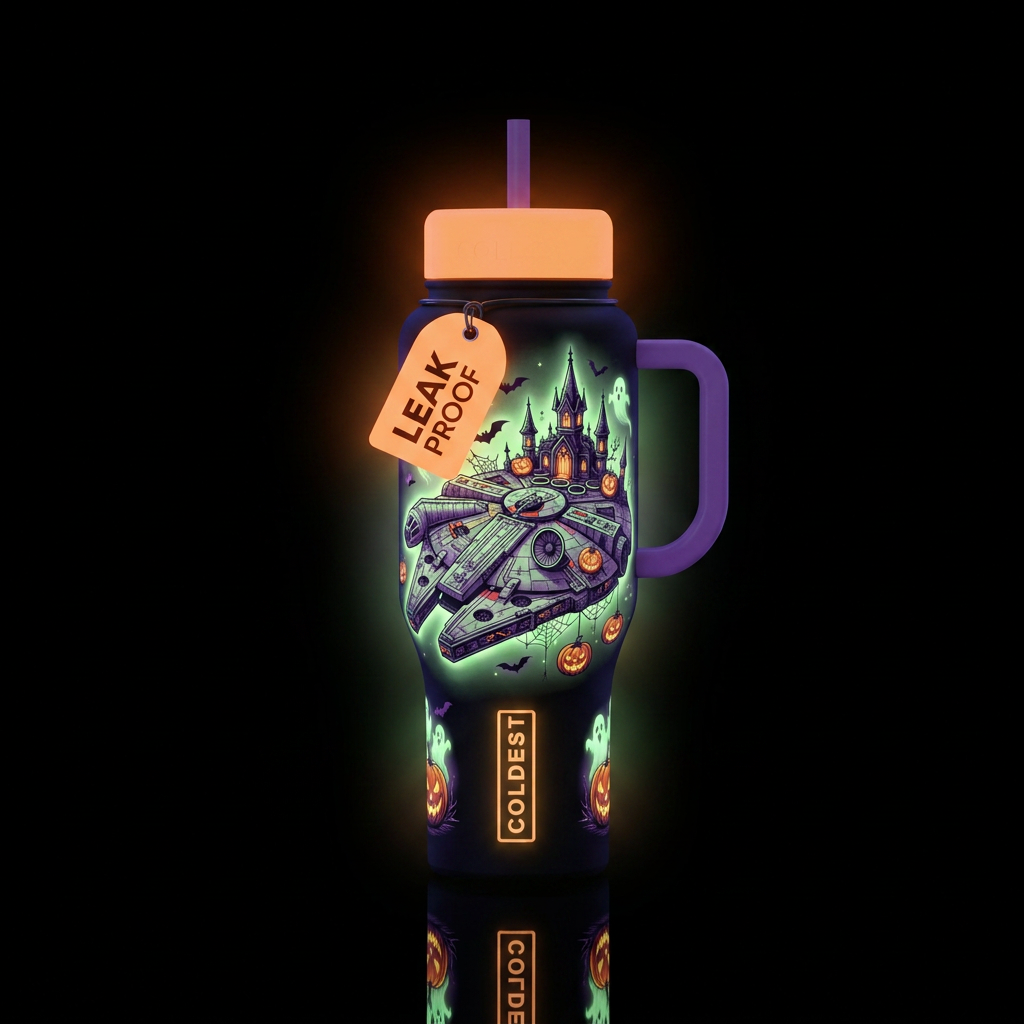 Halloween Star ship glow in the dark water bottle design