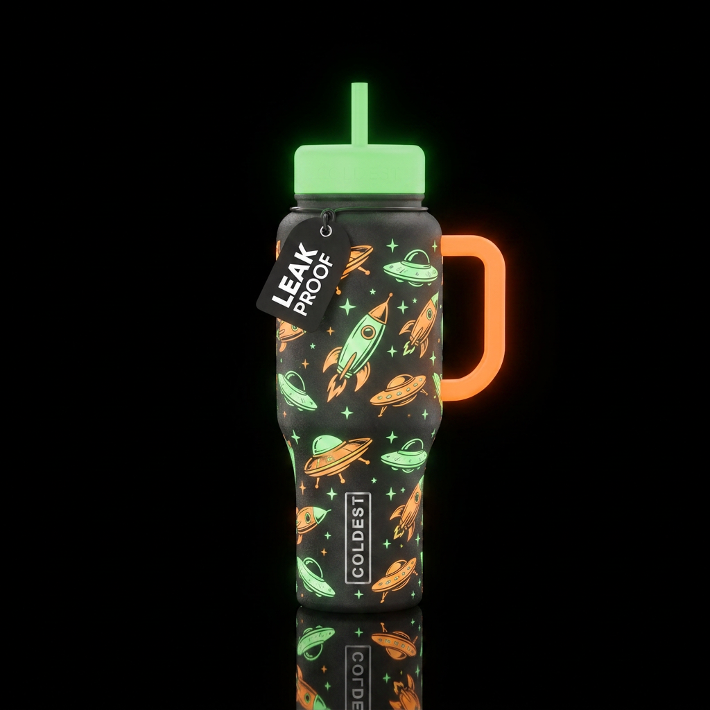 Halloween Star ship glow in the dark water bottle design