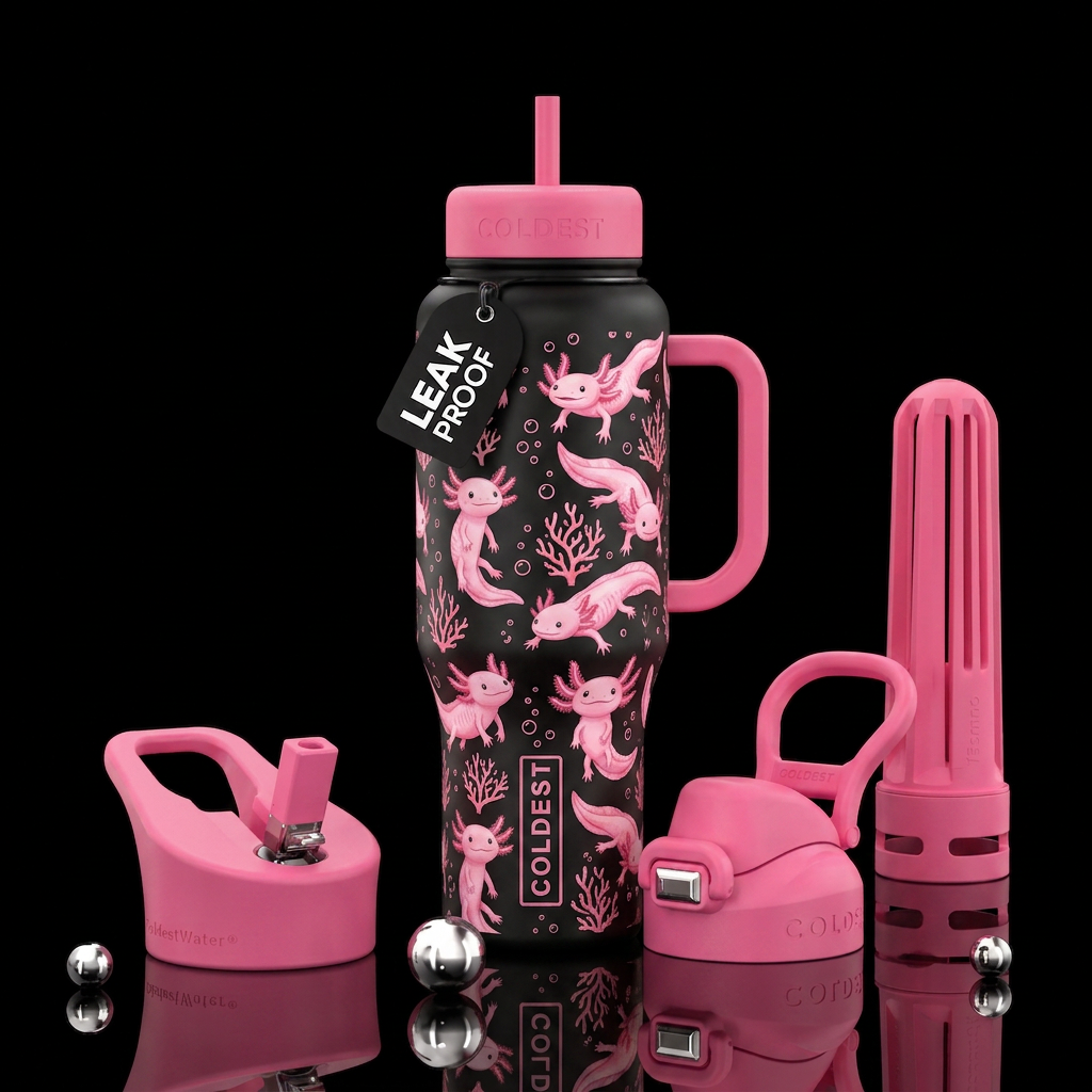 Coldest bottle with axolotls in pink water bottle design