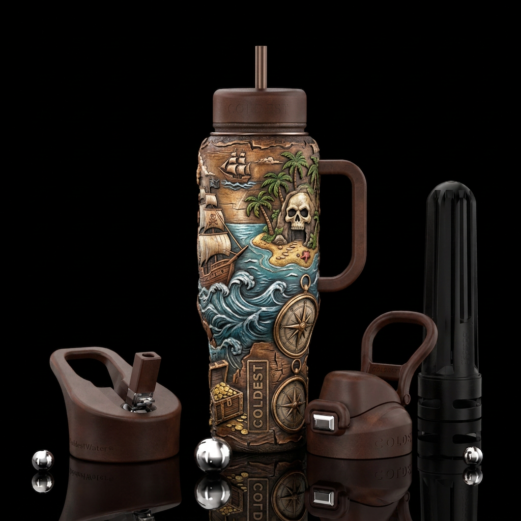 Coldest bottle with textured pirate scene water bottle design