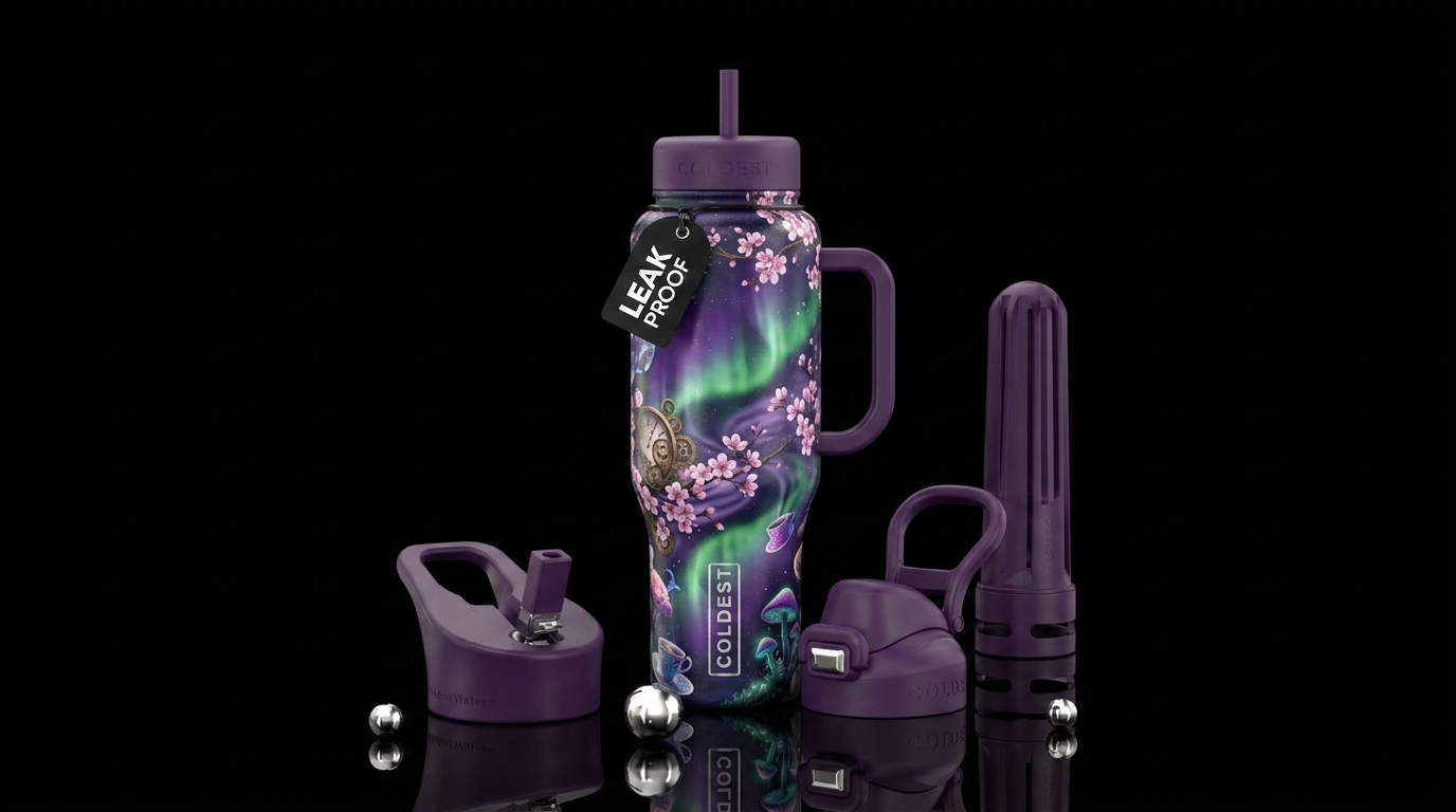 wonderland, cherry blossom season, northern lights water bottle design