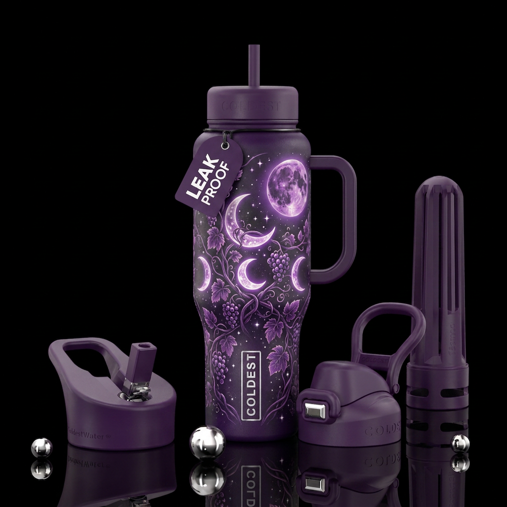 , harvest moon,, spellbinding, amethyst water bottle design