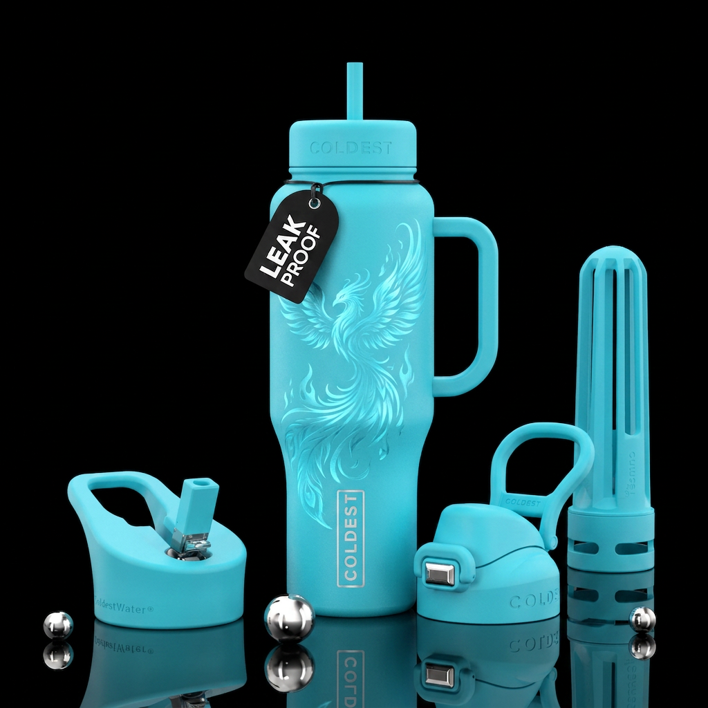 romantic, phoenix, cyan water bottle design