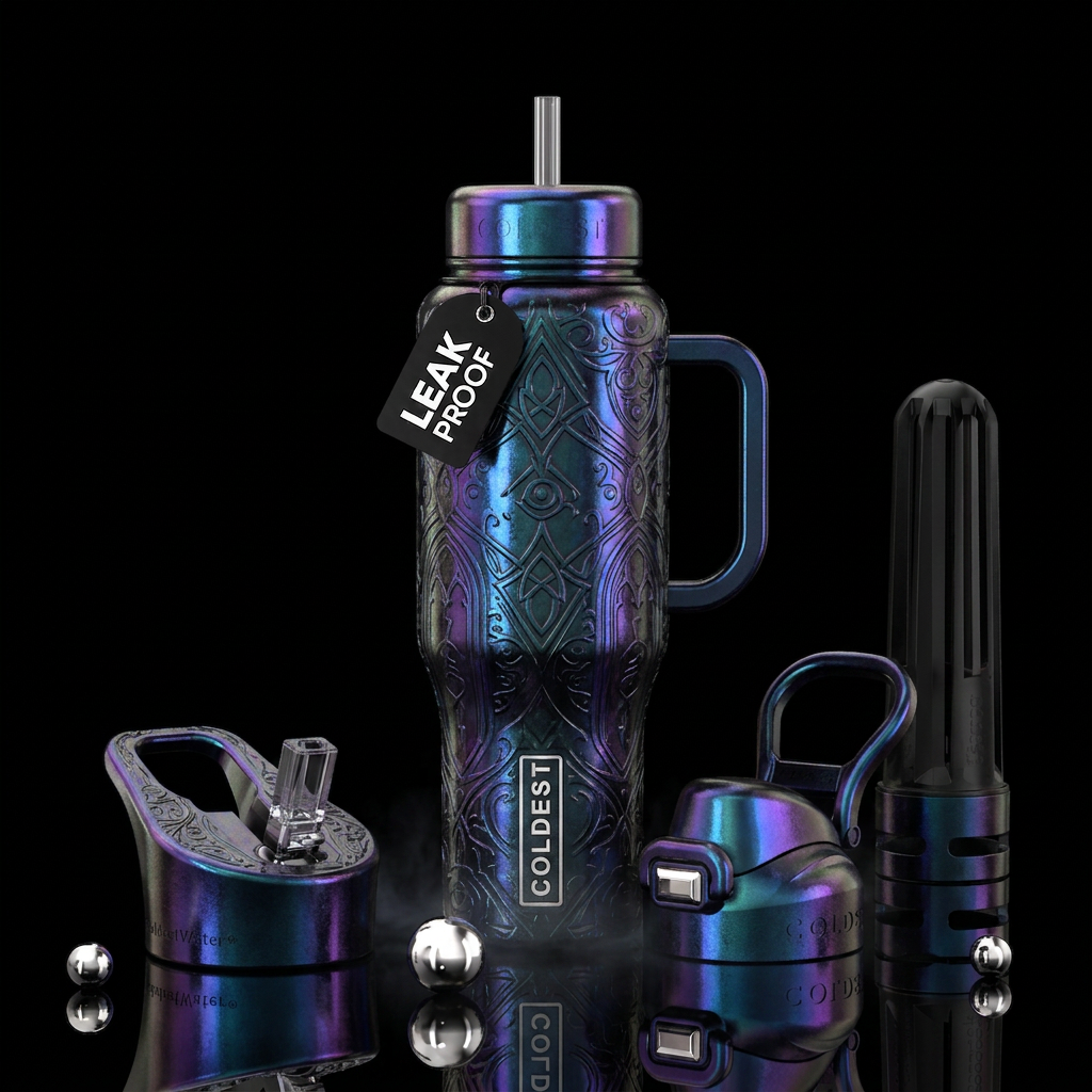 , gothic, fantasy,, holographic water bottle design