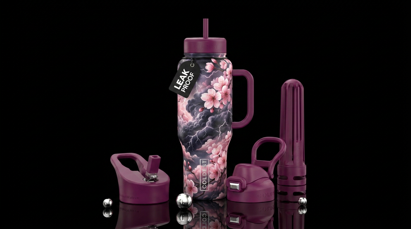 dreamy, cherry blossom season, thunderstorm water bottle design
