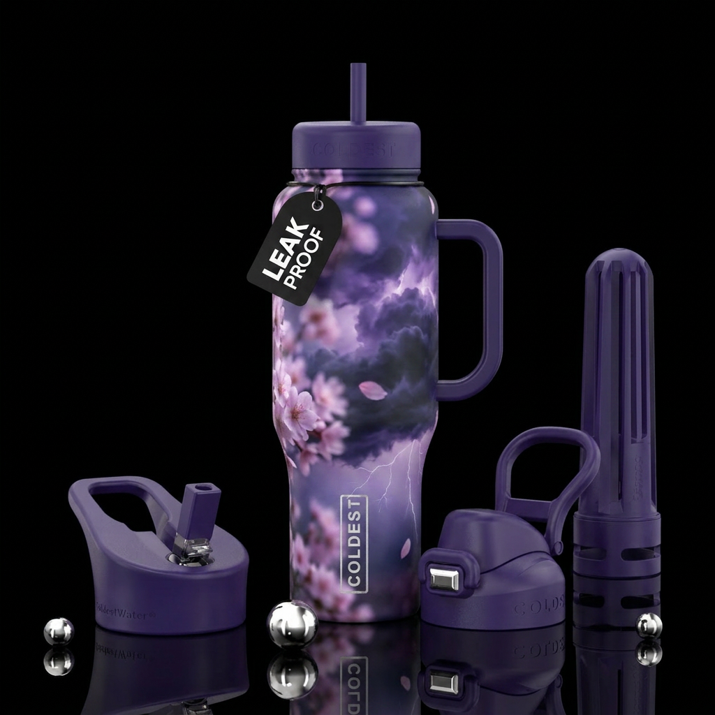 dreamy, cherry blossom season, thunderstorm water bottle design