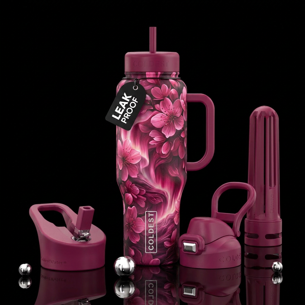 wonderland, cherry blossom season, northern lights water bottle design