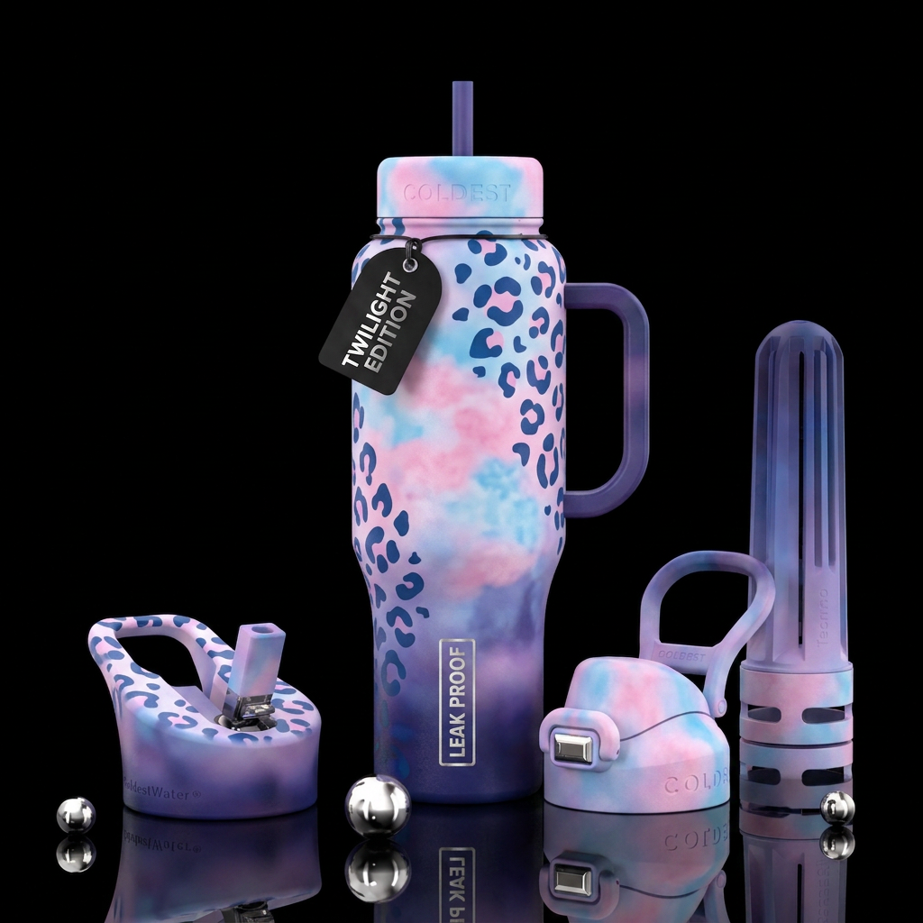 leopard, cotton candy, twilight water bottle design
