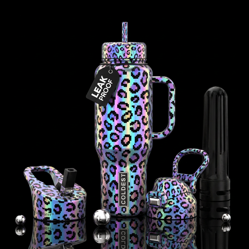 leopard,pixel art, holographic, hologram water bottle design