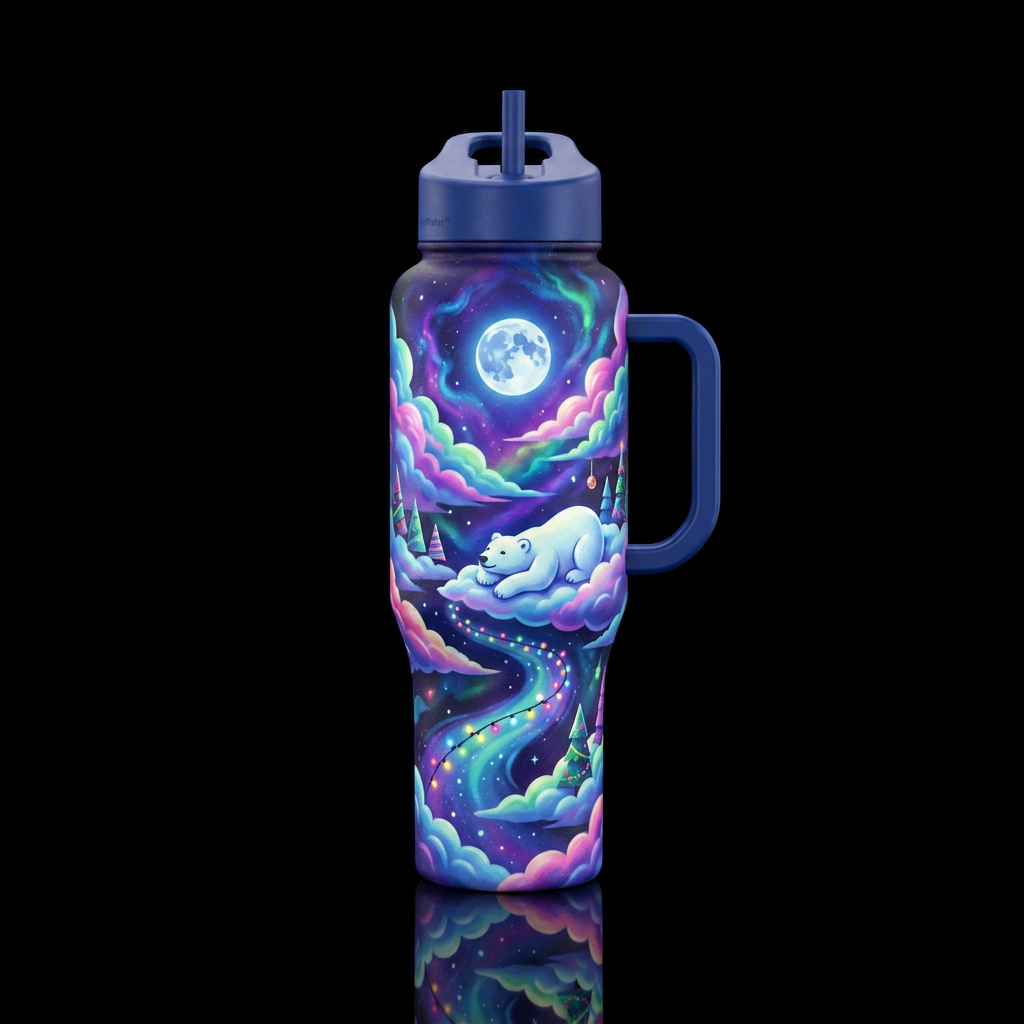 moonlit, christmas, polar bear, cloud water bottle design