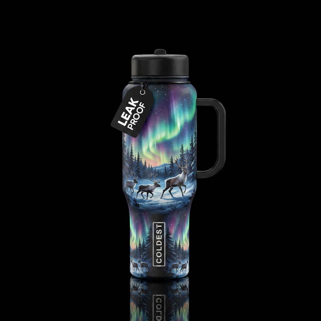 christmas, northern lights, vibrant, deers water bottle design