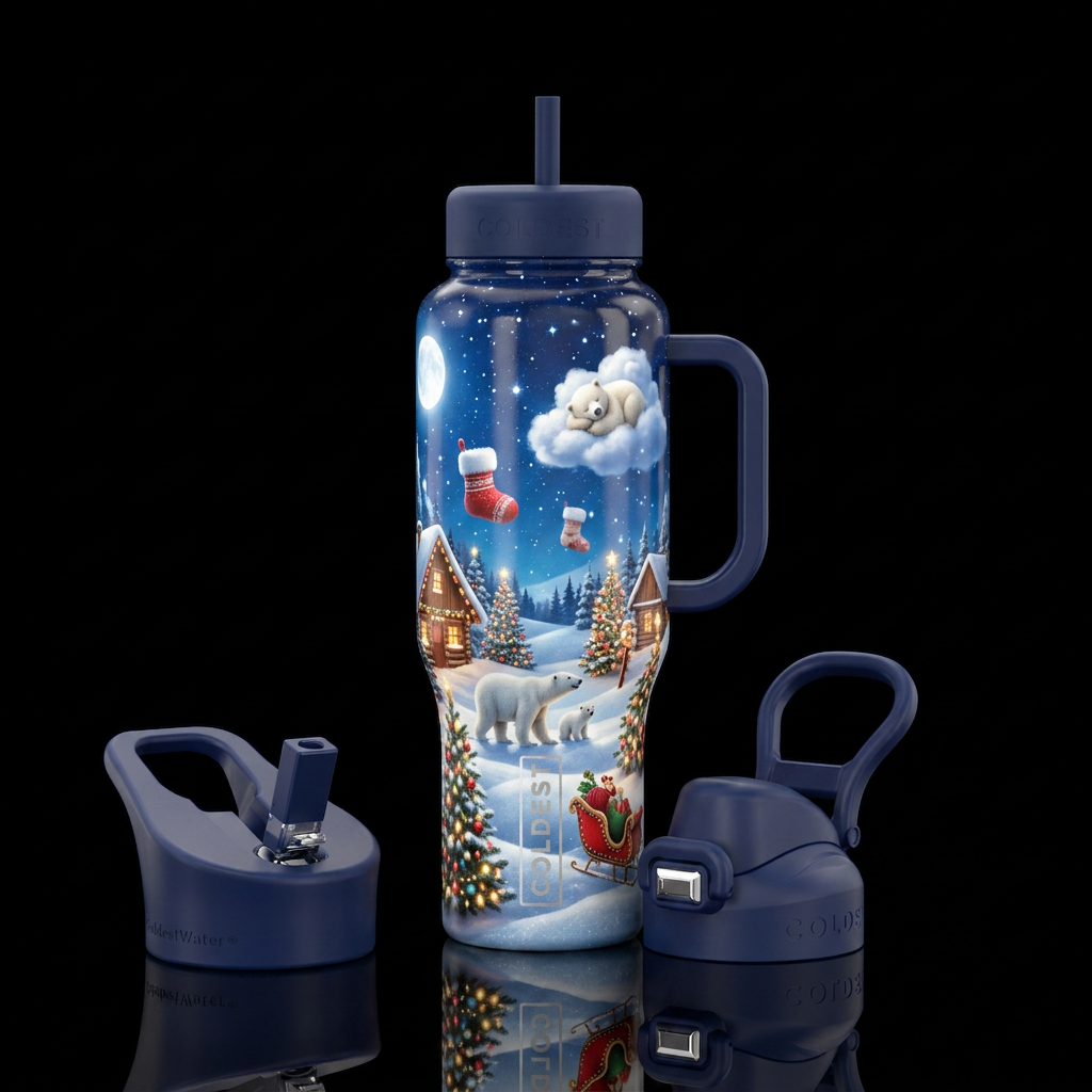 moonlit, christmas, polar bear, cloud water bottle design
